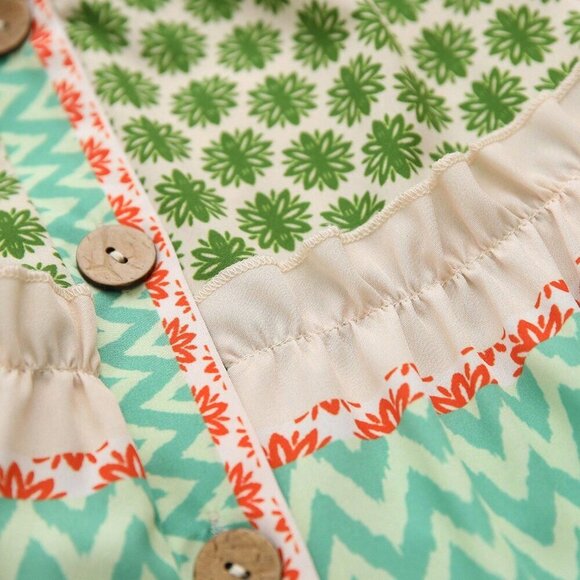 Green Boho Women's Floral Wavy Striped button down Lantern Sleeve mini dress - Picture 7 of 7